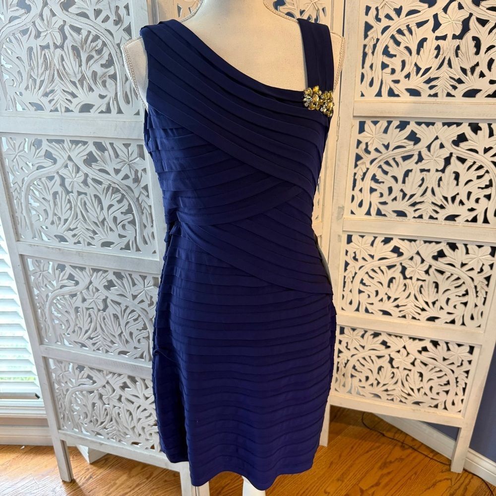 NWT Xscape One-Shoulder Dress in Deep Blue with Embellishment Sz 14P